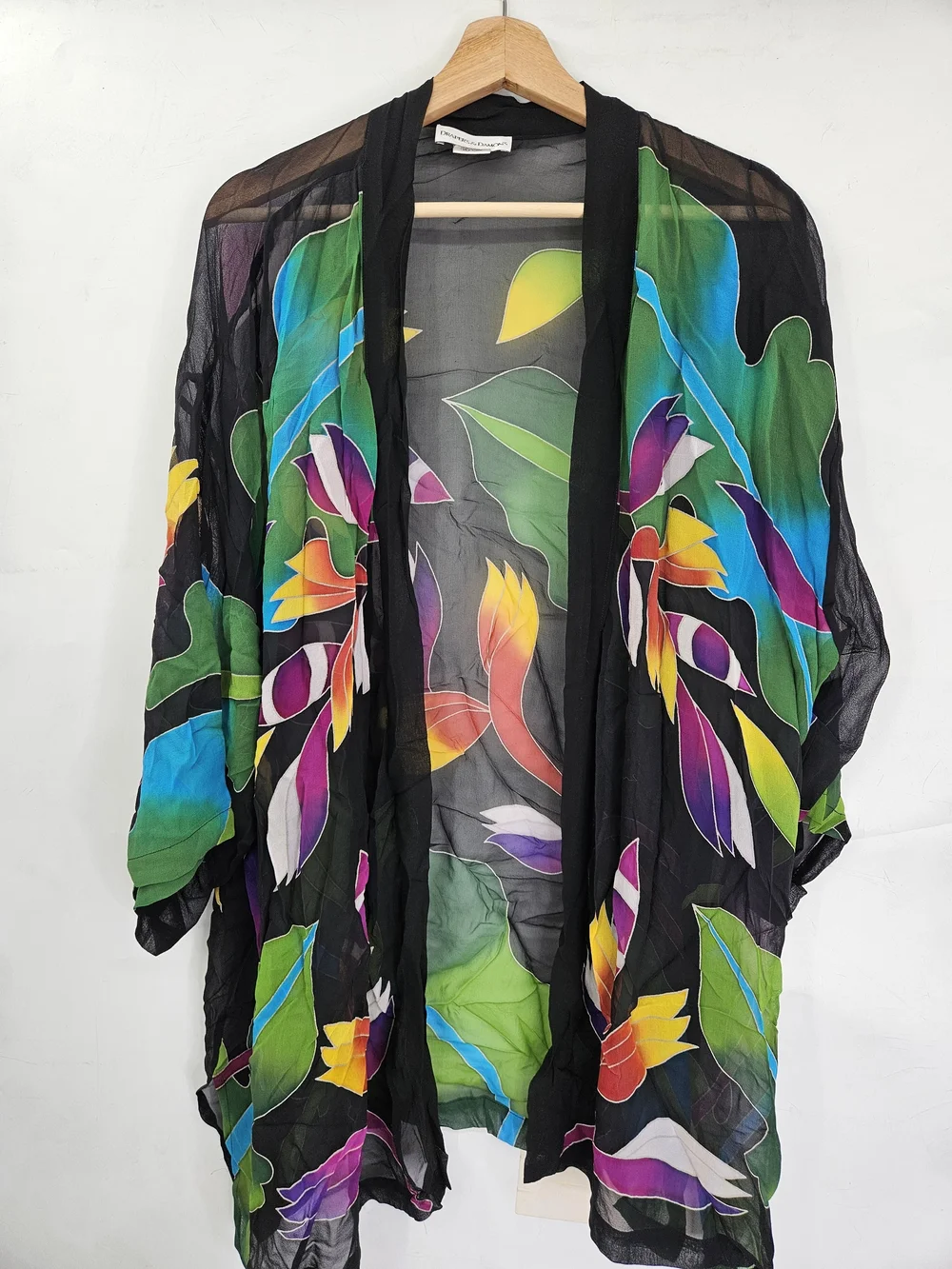 Black Sheer Floral Silk Swim Cover-Up Kimono with Multicolor Leaves